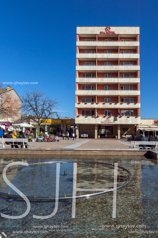 SANDANSKI, BULGARIA - APRIL 4, 2018: The Center and Pedestrian street and Interhotel Sandanski in town of Sandanski, Bulgaria