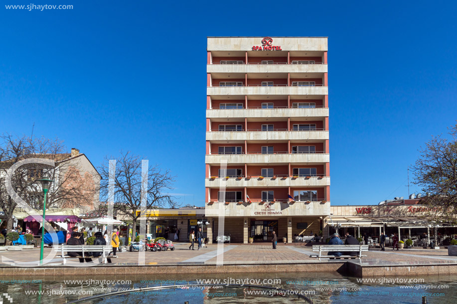 SANDANSKI, BULGARIA - APRIL 4, 2018: The Center and Pedestrian street and Interhotel Sandanski in town of Sandanski, Bulgaria