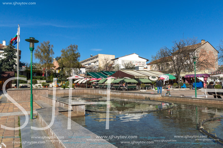 SANDANSKI, BULGARIA - APRIL 4, 2018: The Center and Pedestrian street and Interhotel Sandanski in town of Sandanski, Bulgaria