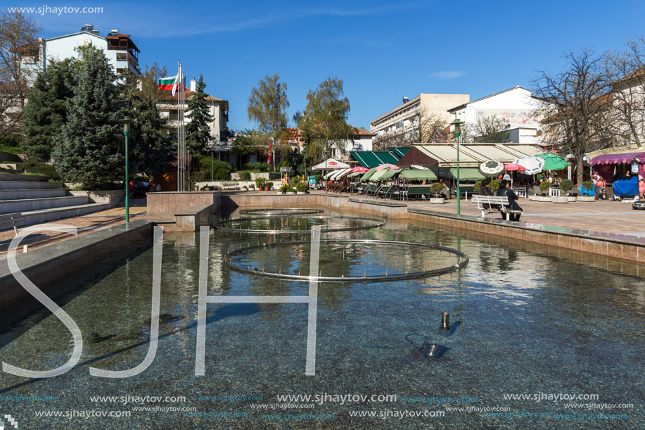 SANDANSKI, BULGARIA - APRIL 4, 2018: The Center and Pedestrian street and Interhotel Sandanski in town of Sandanski, Bulgaria