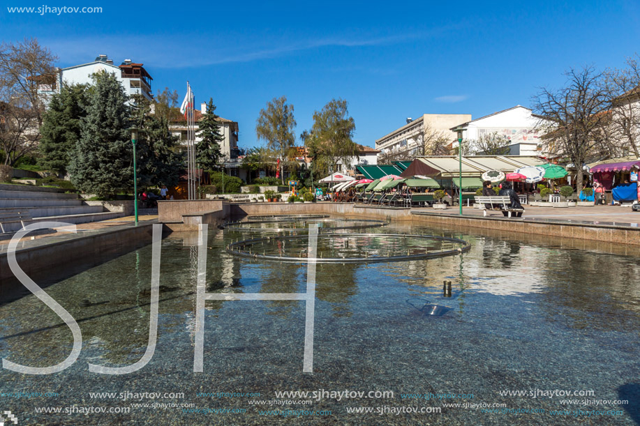 SANDANSKI, BULGARIA - APRIL 4, 2018: The Center and Pedestrian street and Interhotel Sandanski in town of Sandanski, Bulgaria