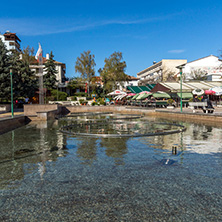 SANDANSKI, BULGARIA - APRIL 4, 2018: The Center and Pedestrian street and Interhotel Sandanski in town of Sandanski, Bulgaria