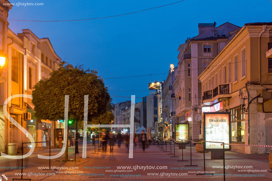 PLOVDIV, BULGARIA - APRIL 29, 2017:  Night photo of Walking street in the center of city of Plovdiv, Bulgaria