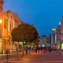 PLOVDIV, BULGARIA - APRIL 29, 2017:  Night photo of Walking street in the center of city of Plovdiv, Bulgaria