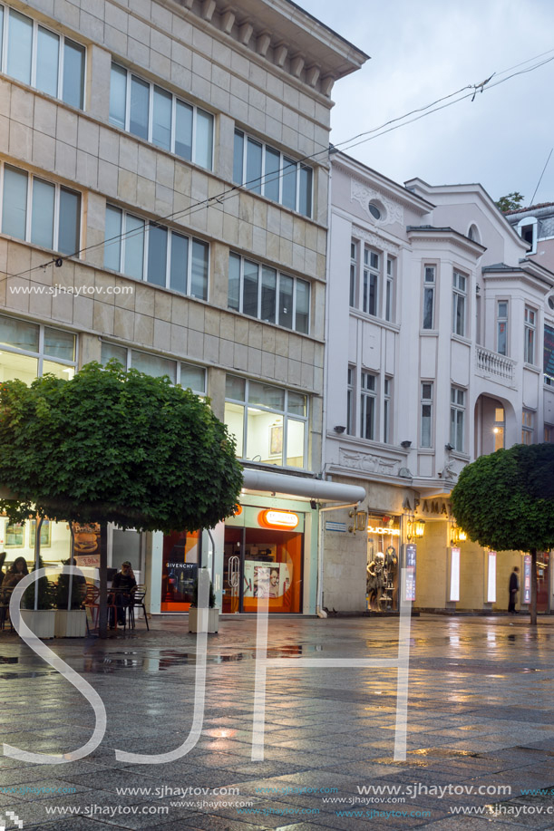 PLOVDIV, BULGARIA - APRIL 29, 2017:  Night photo of Walking street in the center of city of Plovdiv, Bulgaria