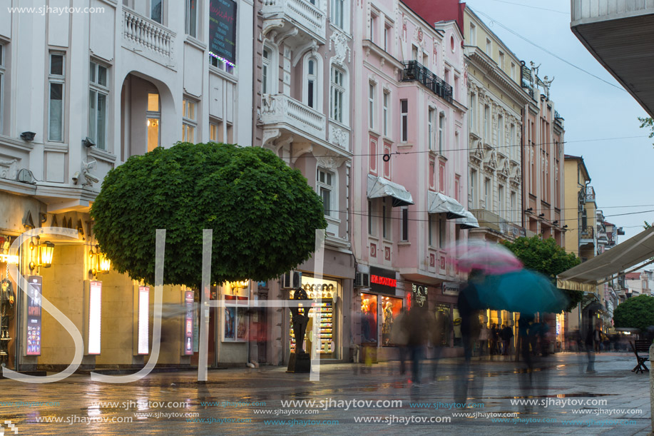 PLOVDIV, BULGARIA - APRIL 29, 2017:  Night photo of Walking street in the center of city of Plovdiv, Bulgaria