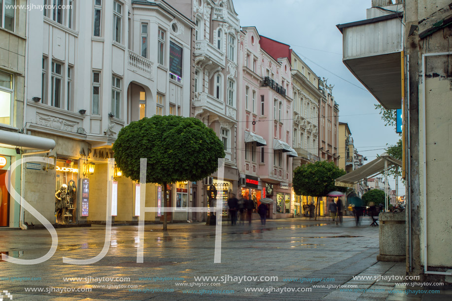 PLOVDIV, BULGARIA - APRIL 29, 2017:  Night photo of Walking street in the center of city of Plovdiv, Bulgaria