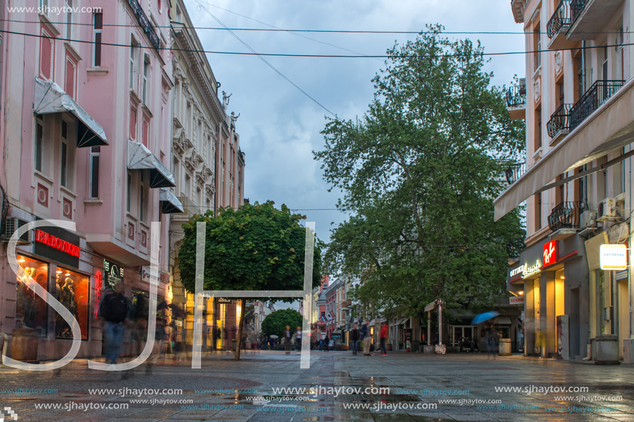 PLOVDIV, BULGARIA - APRIL 29, 2017:  Night photo of Walking street in the center of city of Plovdiv, Bulgaria