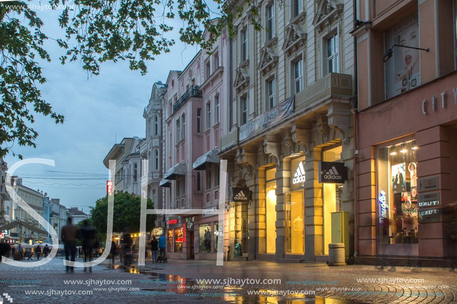 PLOVDIV, BULGARIA - APRIL 29, 2017:  Night photo of Walking street in the center of city of Plovdiv, Bulgaria