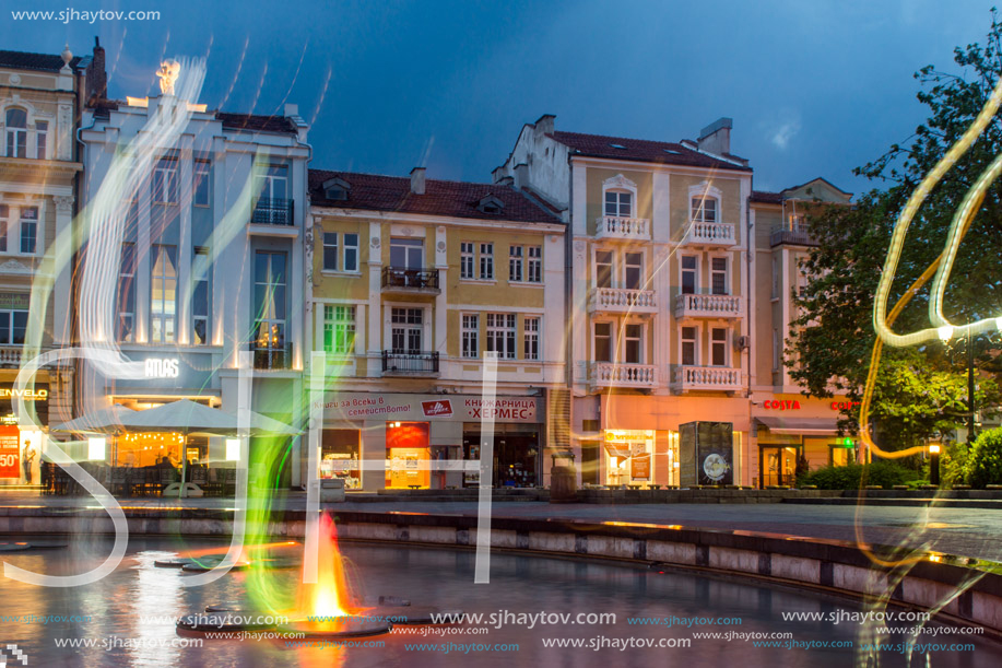 PLOVDIV, BULGARIA - APRIL 29, 2017:  Night photo of Walking street in the center of city of Plovdiv, Bulgaria