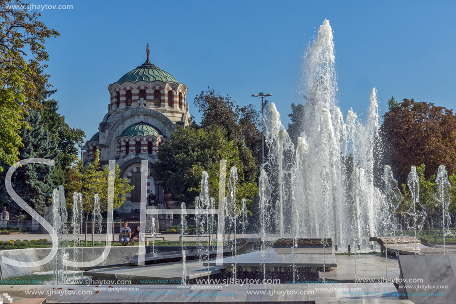 PLEVEN, BULGARIA - SEPTEMBER 20, 2015:  St. George the Conqueror Chapel Mausoleum and fountain in center of city of Pleven, Bulgaria