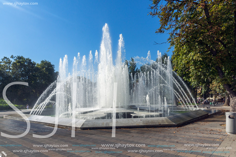 PLEVEN, BULGARIA - SEPTEMBER 20, 2015:  Fountain in center of city of Pleven, Bulgaria