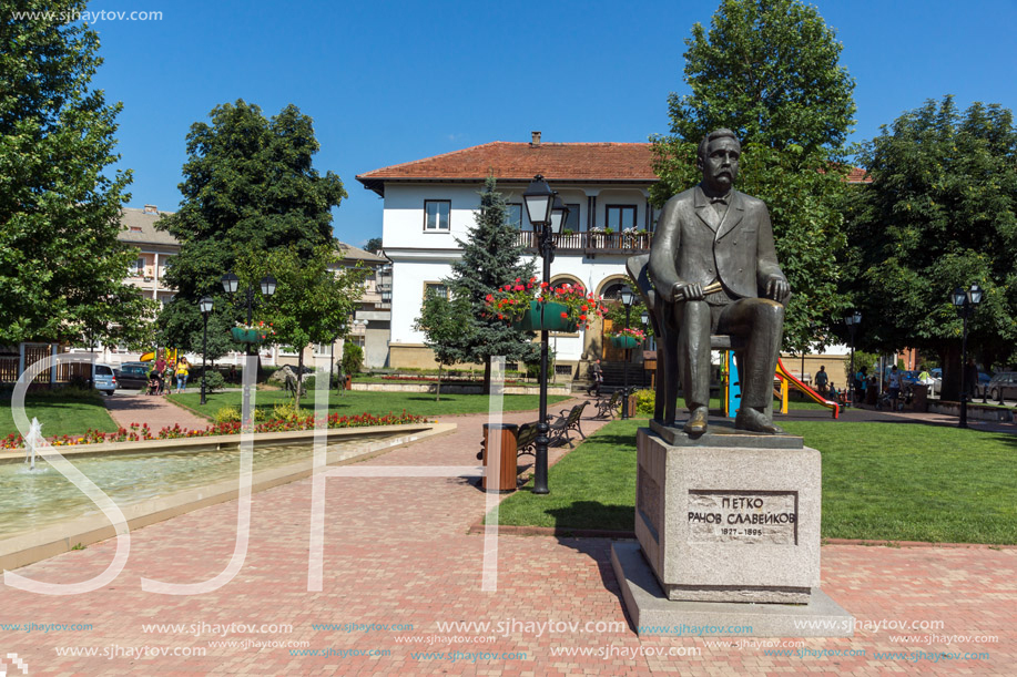 TRYAVNA, BULGARIA - JULY 6, 2018: Petko Slaveykov Monument of historical town of Tryavna, Gabrovo region, Bulgaria