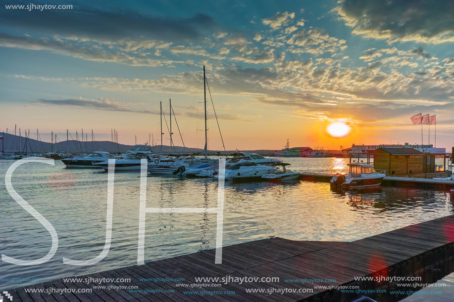 SOZOPOL, BULGARIA - JUNE 26, 2015: Sunset at the port of Sozopol, Burgas Region, Bulgaria