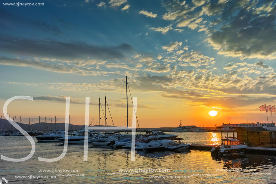 SOZOPOL, BULGARIA - JUNE 26, 2015: Sunset at the port of Sozopol, Burgas Region, Bulgaria