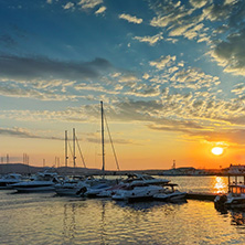 SOZOPOL, BULGARIA - JUNE 26, 2015: Sunset at the port of Sozopol, Burgas Region, Bulgaria