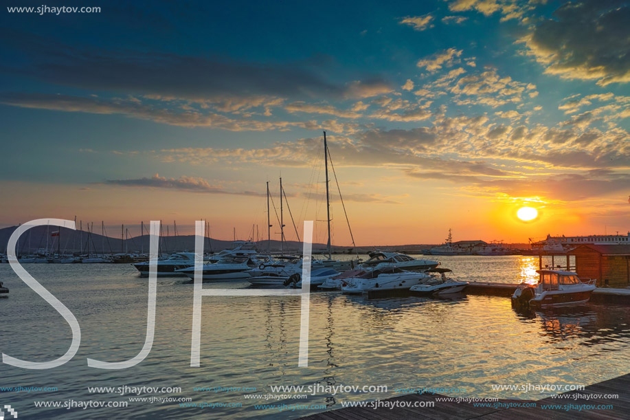 SOZOPOL, BULGARIA - JUNE 26, 2015: Sunset at the port of Sozopol, Burgas Region, Bulgaria