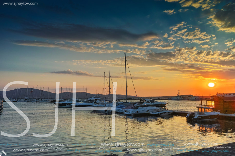 SOZOPOL, BULGARIA - JUNE 26, 2015: Sunset at the port of Sozopol, Burgas Region, Bulgaria