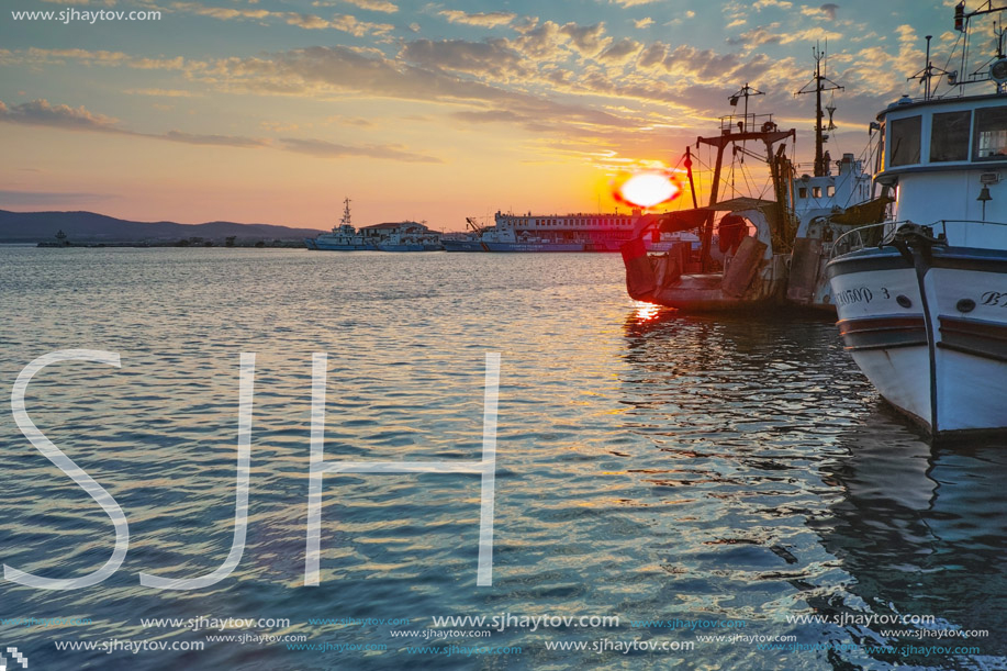 SOZOPOL, BULGARIA - JUNE 26, 2015: Sunset at the port of Sozopol, Burgas Region, Bulgaria