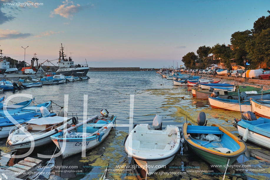 SOZOPOL, BULGARIA - JUNE 26, 2015: Sunset at the port of Sozopol, Burgas Region, Bulgaria