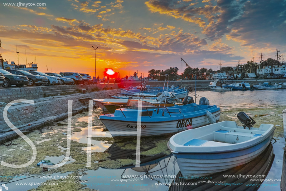 SOZOPOL, BULGARIA - JUNE 26, 2015: Sunset at the port of Sozopol, Burgas Region, Bulgaria