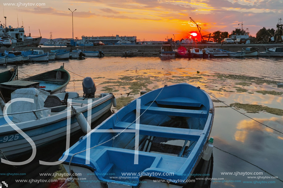 SOZOPOL, BULGARIA - JUNE 26, 2015: Sunset at the port of Sozopol, Burgas Region, Bulgaria