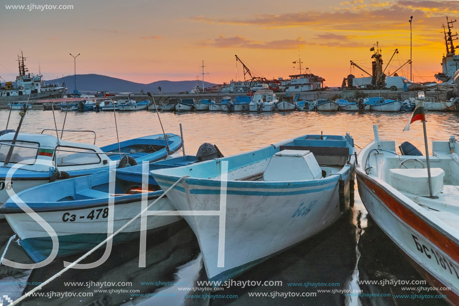 SOZOPOL, BULGARIA - JUNE 26, 2015: Sunset at the port of Sozopol, Burgas Region, Bulgaria