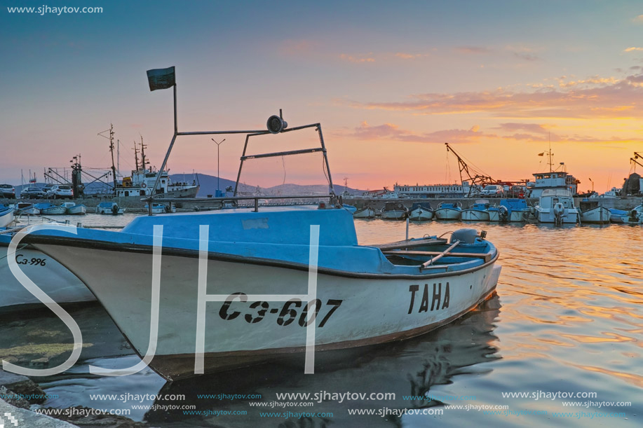 SOZOPOL, BULGARIA - JUNE 26, 2015: Sunset at the port of Sozopol, Burgas Region, Bulgaria