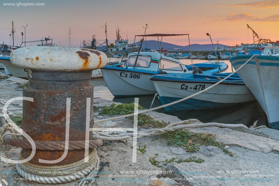 SOZOPOL, BULGARIA - JUNE 26, 2015: Sunset at the port of Sozopol, Burgas Region, Bulgaria