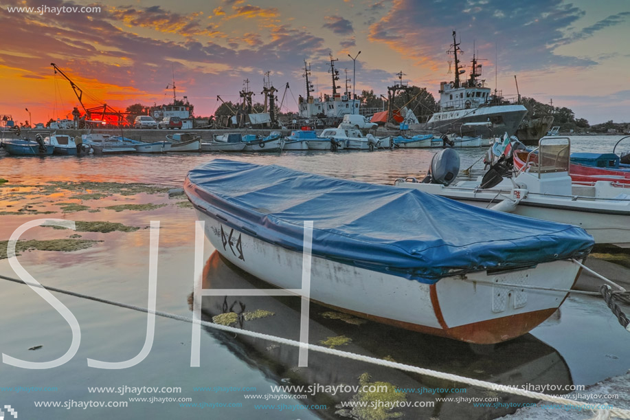 SOZOPOL, BULGARIA - JUNE 26, 2015: Sunset at the port of Sozopol, Burgas Region, Bulgaria