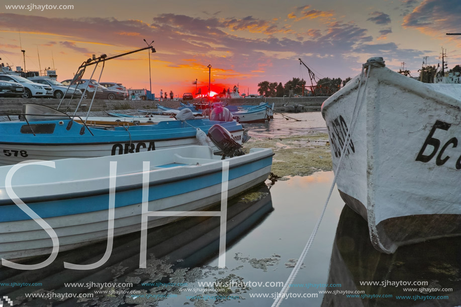 SOZOPOL, BULGARIA - JUNE 26, 2015: Sunset at the port of Sozopol, Burgas Region, Bulgaria