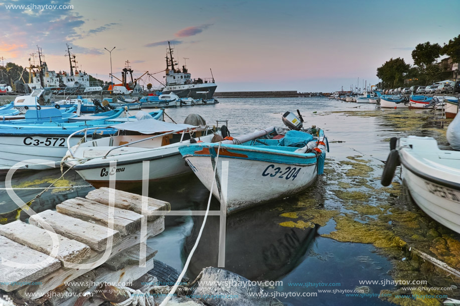 SOZOPOL, BULGARIA - JUNE 26, 2015: Sunset at the port of Sozopol, Burgas Region, Bulgaria