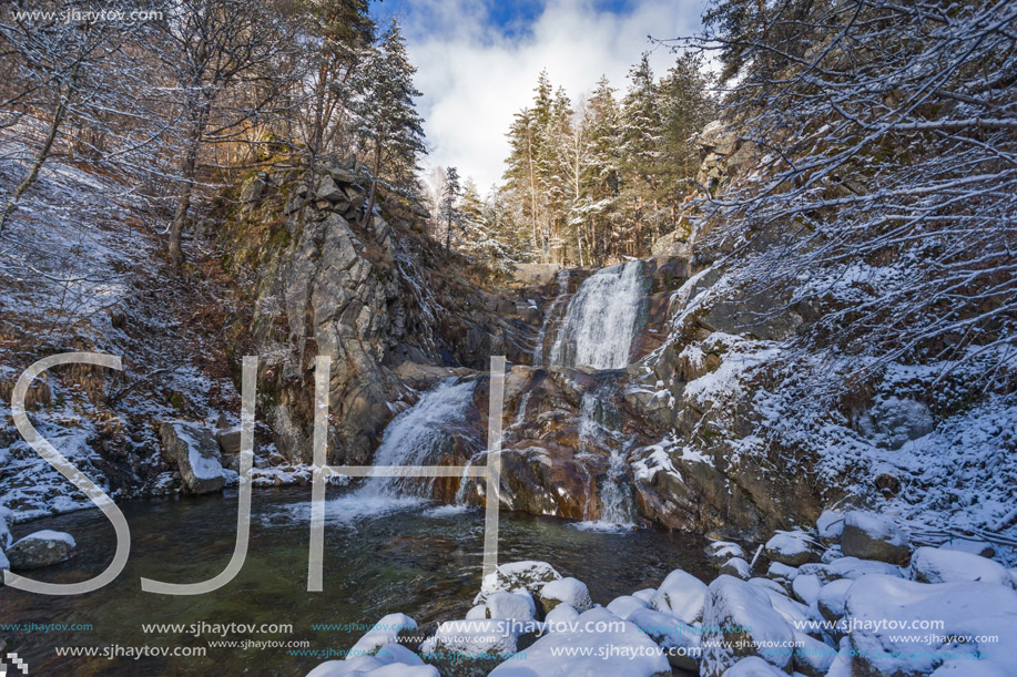 Winter Landscape of Popina Laka waterfall near town of Sandanski, Pirin Mountain, Bulgaria