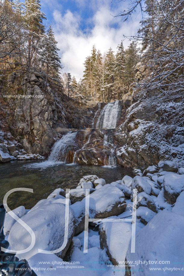 Winter Landscape of Popina Laka waterfall near town of Sandanski, Pirin Mountain, Bulgaria