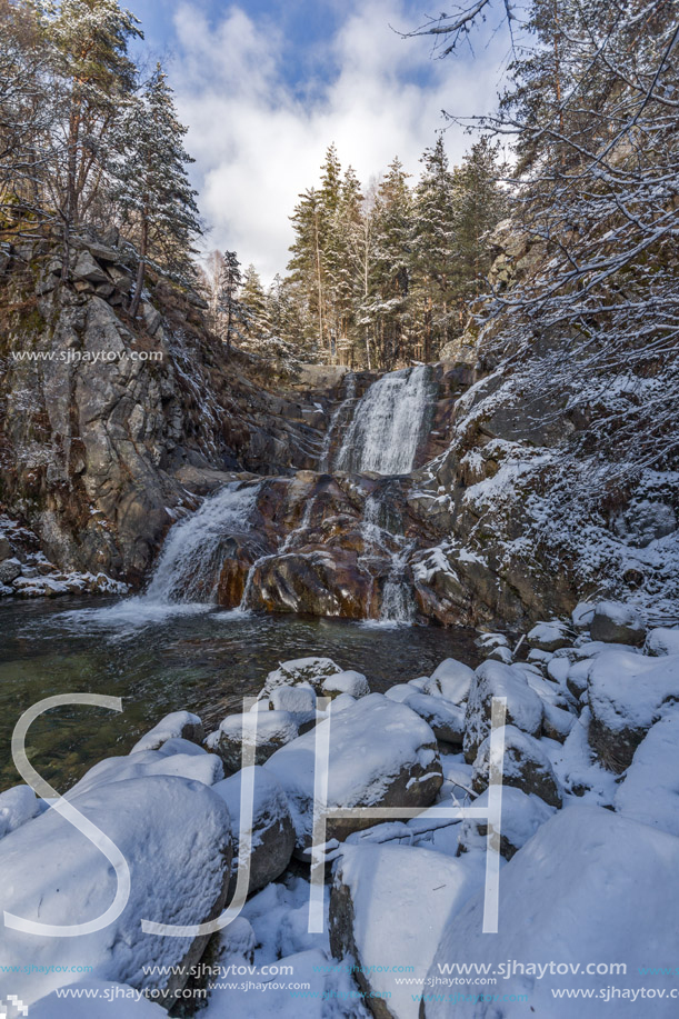 Winter Landscape of Popina Laka waterfall near town of Sandanski, Pirin Mountain, Bulgaria