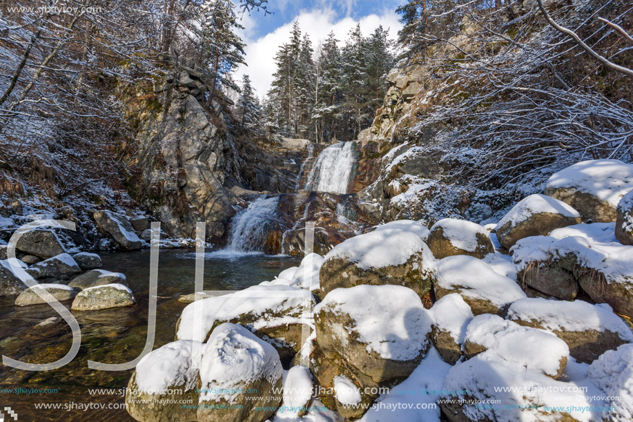 Winter Landscape of Popina Laka waterfall near town of Sandanski, Pirin Mountain, Bulgaria