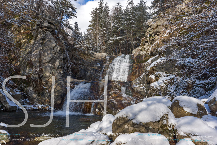 Winter Landscape of Popina Laka waterfall near town of Sandanski, Pirin Mountain, Bulgaria