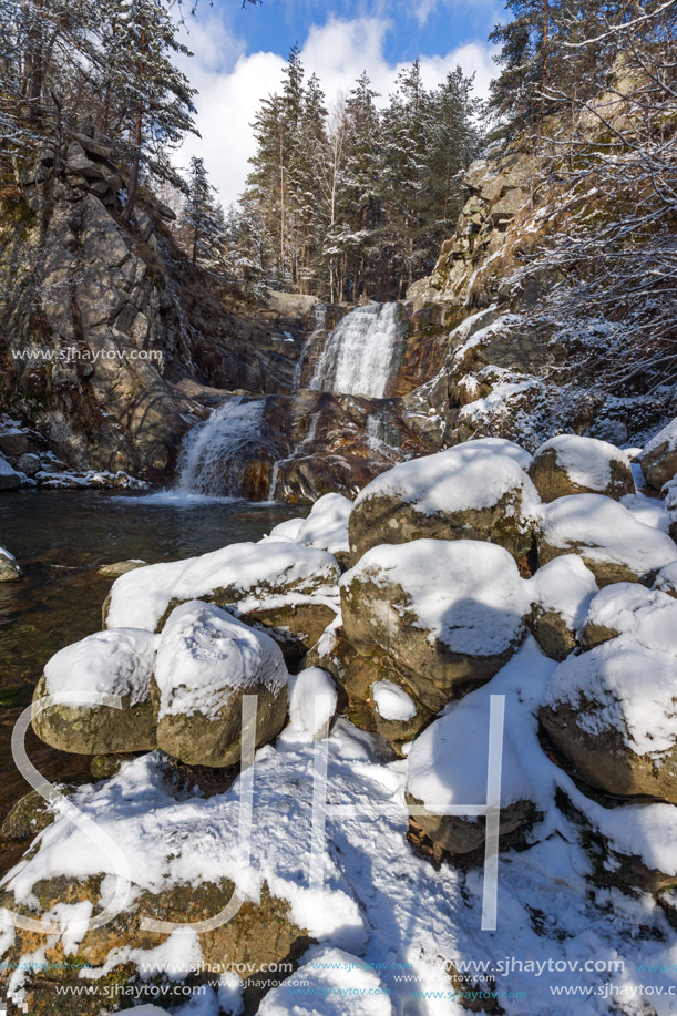 Winter Landscape of Popina Laka waterfall near town of Sandanski, Pirin Mountain, Bulgaria