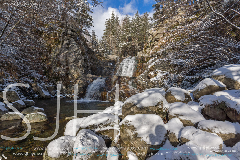 Winter Landscape of Popina Laka waterfall near town of Sandanski, Pirin Mountain, Bulgaria