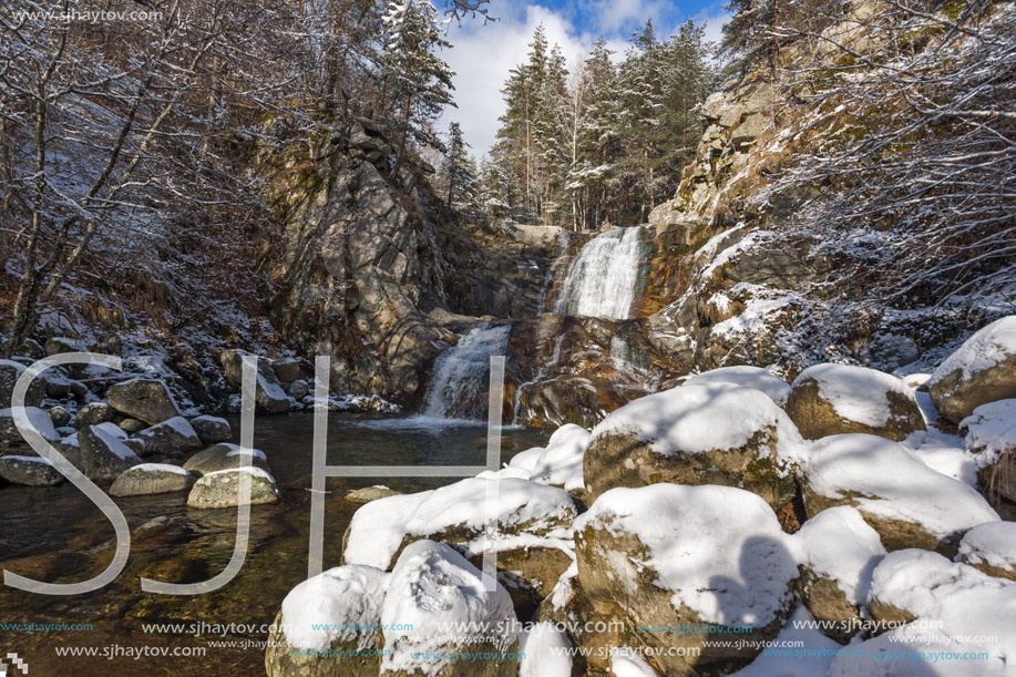 Winter Landscape of Popina Laka waterfall near town of Sandanski, Pirin Mountain, Bulgaria