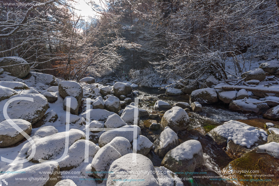 Winter Landscape of Popina Laka waterfall near town of Sandanski, Pirin Mountain, Bulgaria