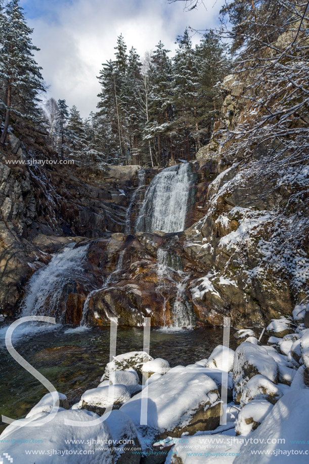 Winter Landscape of Popina Laka waterfall near town of Sandanski, Pirin Mountain, Bulgaria