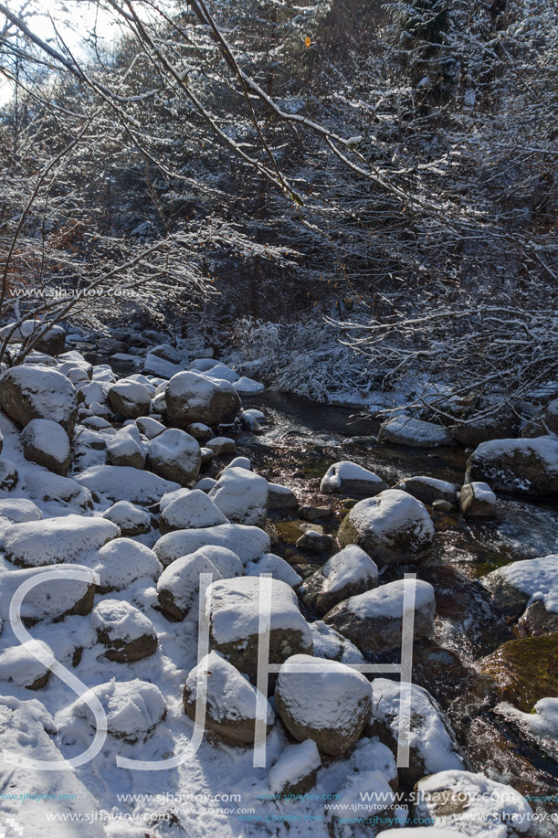 Winter Landscape of Popina Laka waterfall near town of Sandanski, Pirin Mountain, Bulgaria