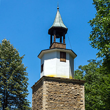 ETAR, GABROVO, BULGARIA- JULY 6, 2018: Clock tower in Architectural Ethnographic Complex Etar (Etara) near town of Gabrovo, Bulgaria