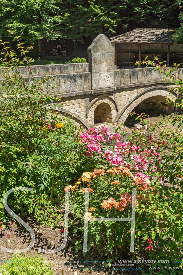 ETAR, GABROVO, BULGARIA- JULY 6, 2018: Old Stone bridge in Architectural Ethnographic Complex Etar (Etara) near town of Gabrovo, Bulgaria