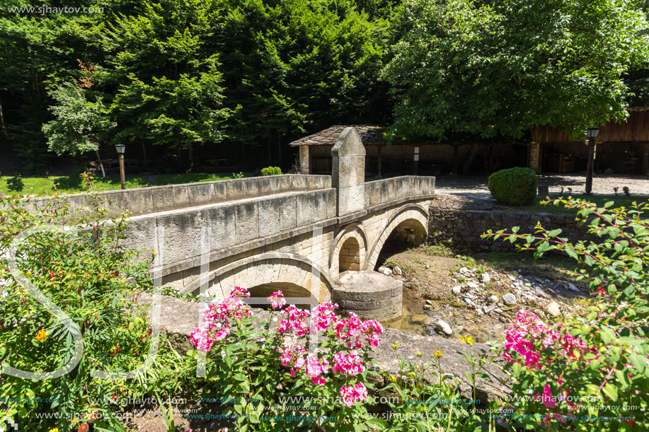 ETAR, GABROVO, BULGARIA- JULY 6, 2018: Old Stone bridge in Architectural Ethnographic Complex Etar (Etara) near town of Gabrovo, Bulgaria