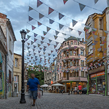 PLOVDIV, BULGARIA - AUGUST 22,  2017: Street in district Kapana, city of Plovdiv, Bulgaria