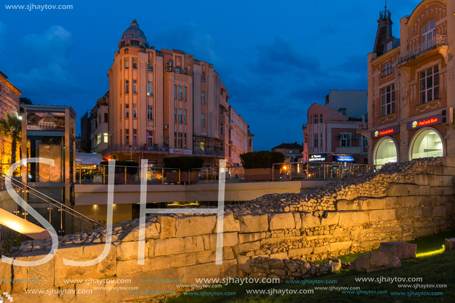 PLOVDIV, BULGARIA - AUGUST 22,  2017: Night photo of Knyaz Alexander I street in city of Plovdiv, Bulgaria