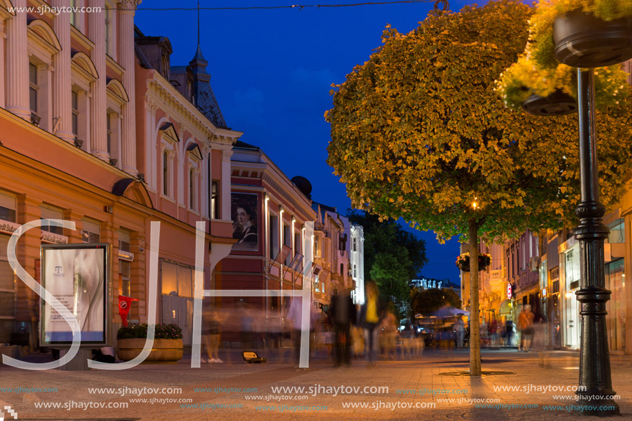 PLOVDIV, BULGARIA - AUGUST 22,  2017: Night photo of Knyaz Alexander I street in city of Plovdiv, Bulgaria