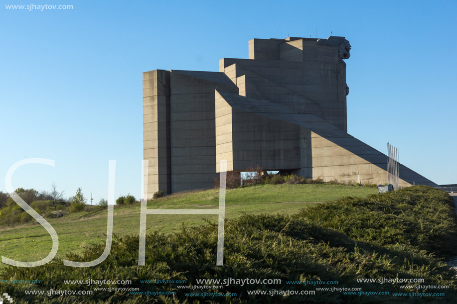 SHUMEN, BULGARIA - APRIL 10, 2017:   Sunset view of Founders of the Bulgarian State Monument near Town of Shumen, Bulgaria